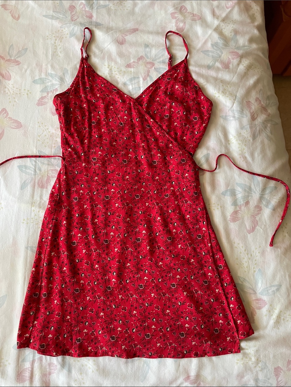 Red Floral Wrap Slip Dress